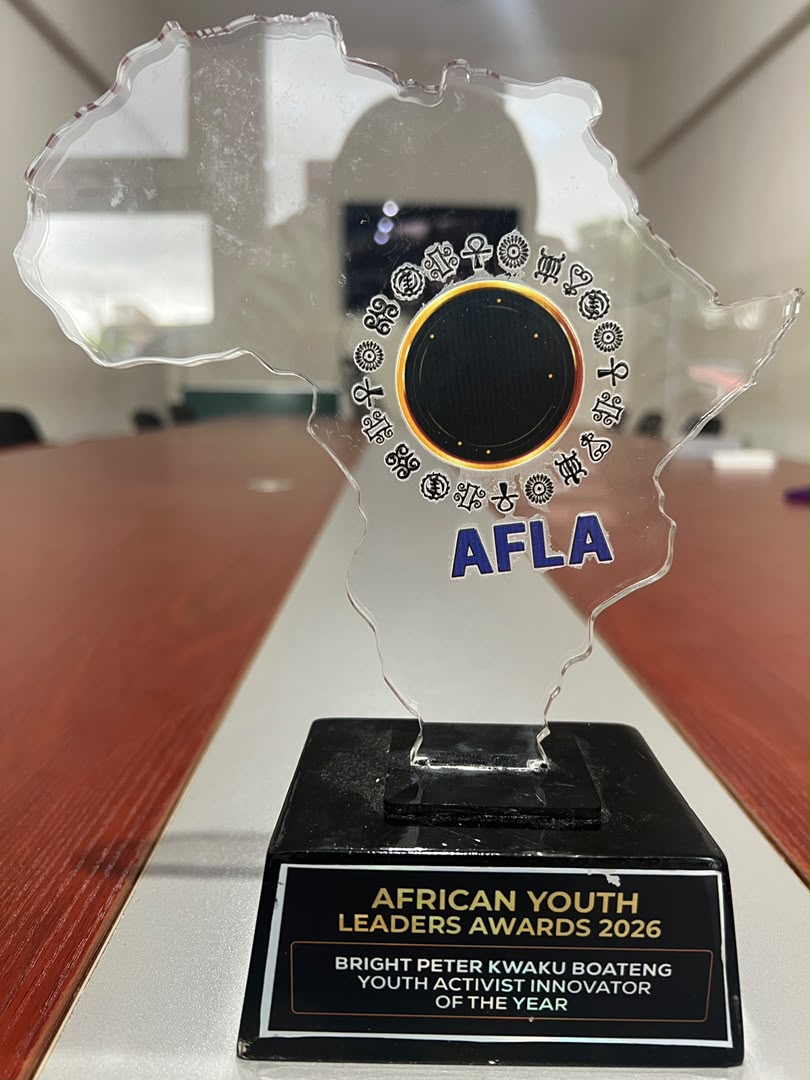 Youth Activist Innovator of the Year trophy from the African Youth Leaders Awards 2026.
