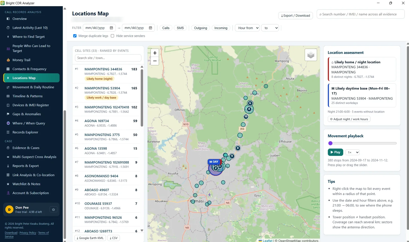 Bright CDR Analyzer locations map ranking cell sites, estimating likely night and daytime locations and offering movement playback, with subscriber details redacted.