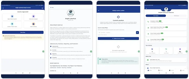 Four Bright Cyberhub Android app screens showing expert service booking, the about page, location sharing and the main features dashboard.
