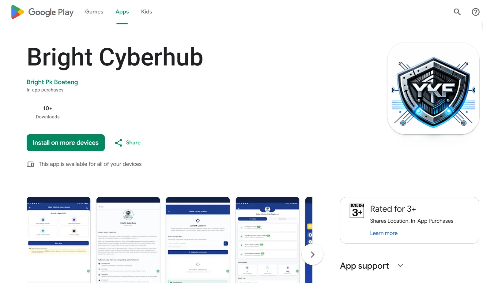 Google Play store listing for the Bright Cyberhub app, rated 3+, with in-app purchases.