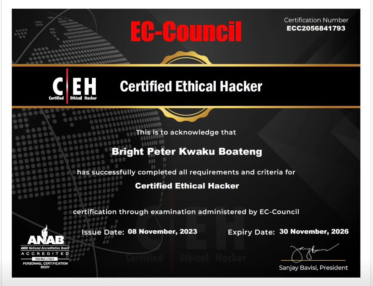 EC-Council — Certified Ethical Hacker; issued 8 November 2023, printed expiry 30 November 2026.