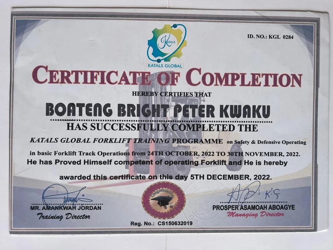 Katals Global — forklift safety and defensive operation certificate, issued 5 December 2022.