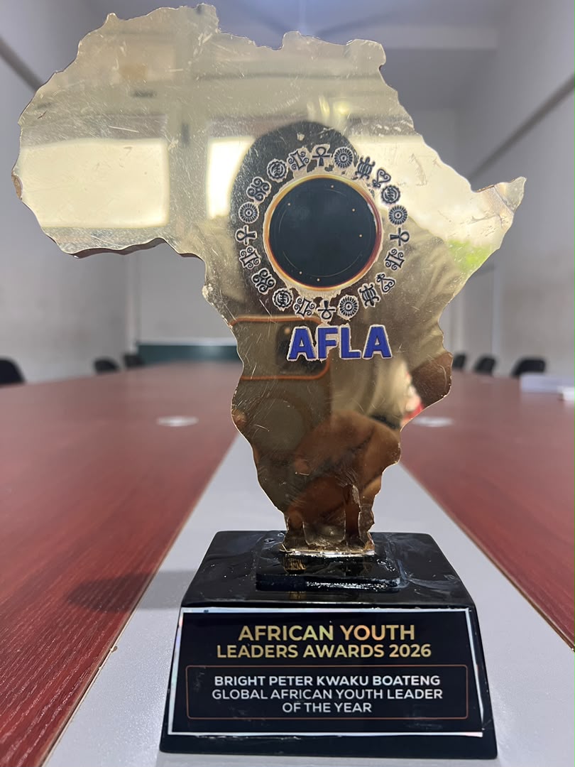 Global African Youth Leader of the Year trophy from the African Youth Leaders Awards 2026.