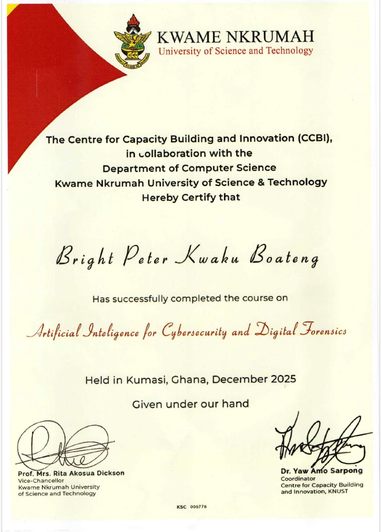KNUST — Artificial Intelligence in Cybersecurity and Digital Forensics, December 2025.