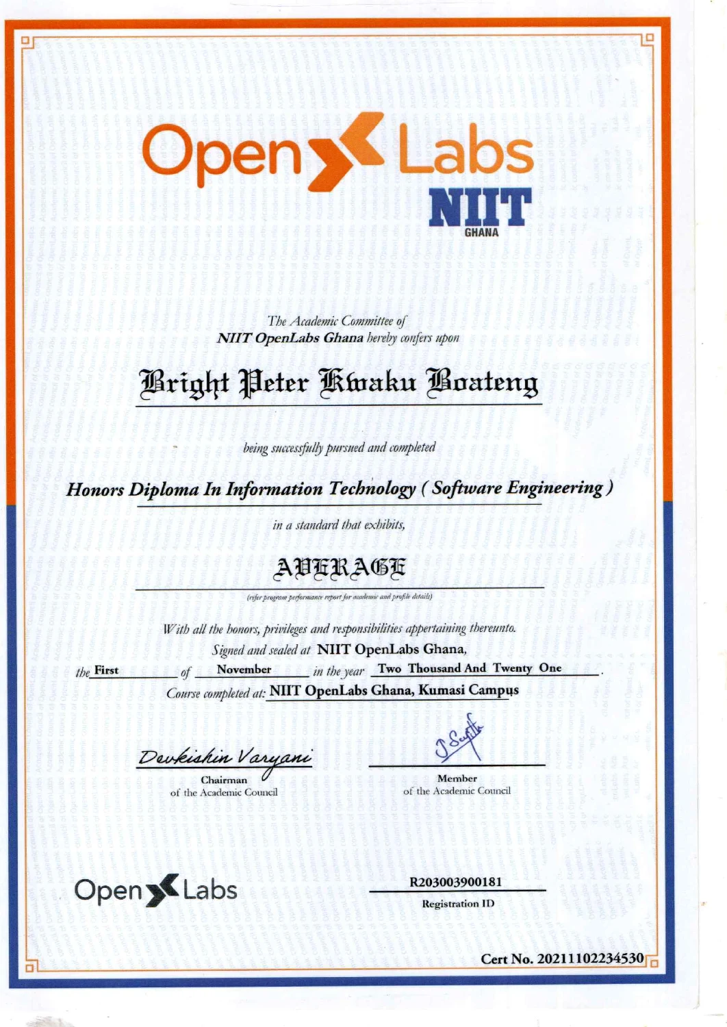 NIIT OpenLabs — Honors Diploma in Information Technology (Software Engineering), issued 1 November 2021.