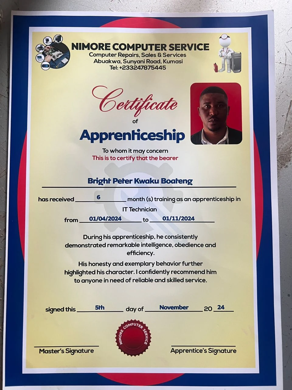 Nimore Computer Service — IT technician apprenticeship and recommendation, issued 5 November 2024.