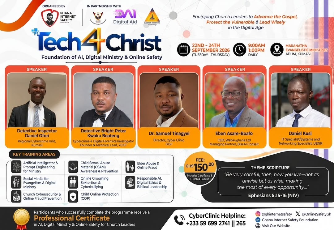 Tech4Christ programme poster listing Bright Peter Kwaku Boateng as a speaker for AI, digital ministry and online safety training.