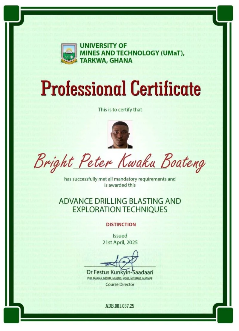 UMaT — professional certificate in drilling, blasting and exploration technologies, 21 April 2025.