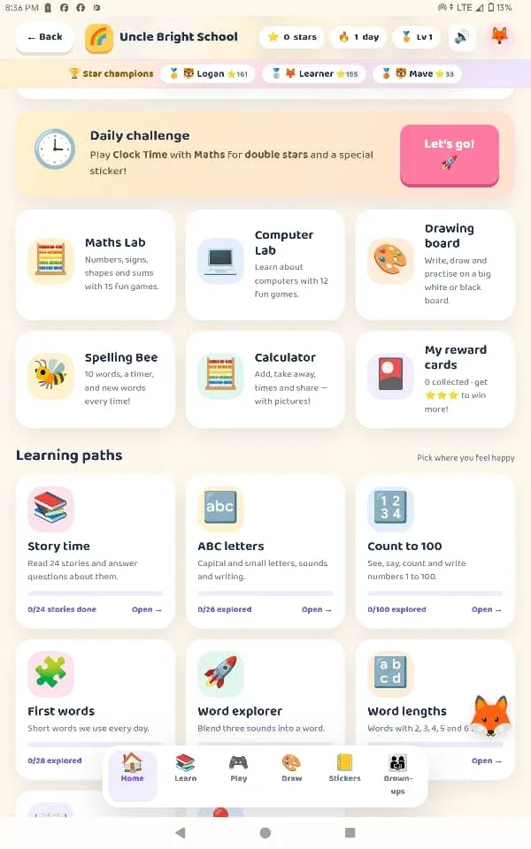 Uncle Bright School home screen showing the daily challenge, Maths Lab, Computer Lab, drawing board, Spelling Bee and learning paths.