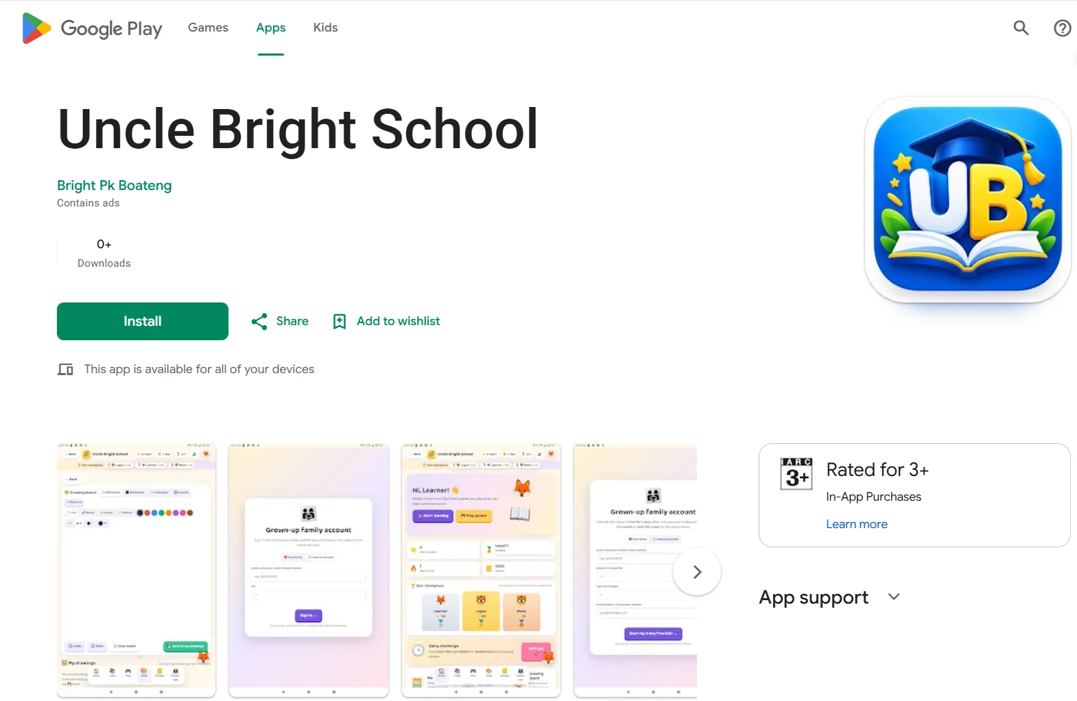 Google Play store listing for the Uncle Bright School children's learning app.