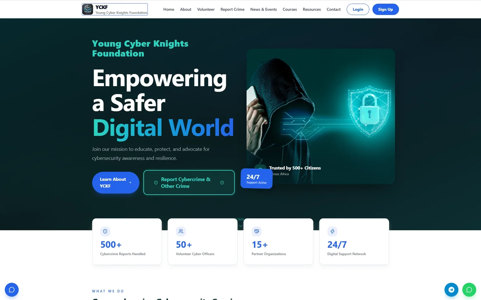 Young Cyber Knights Foundation home page with the headline Empowering a Safer Digital World and options to learn about YCKF or report cybercrime.
